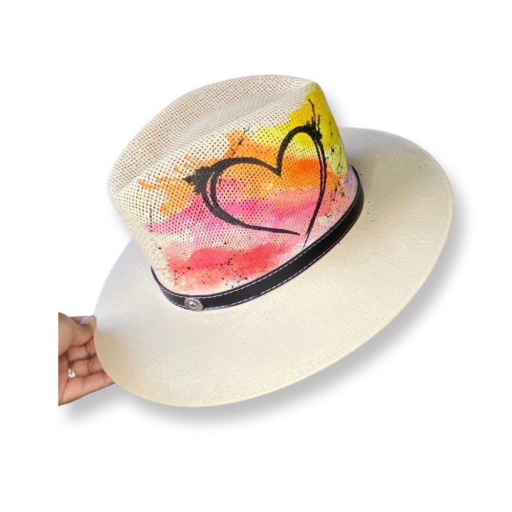 Colorful Graffiti Heart Hand Painted Artisan Straw Hat Art Lovers